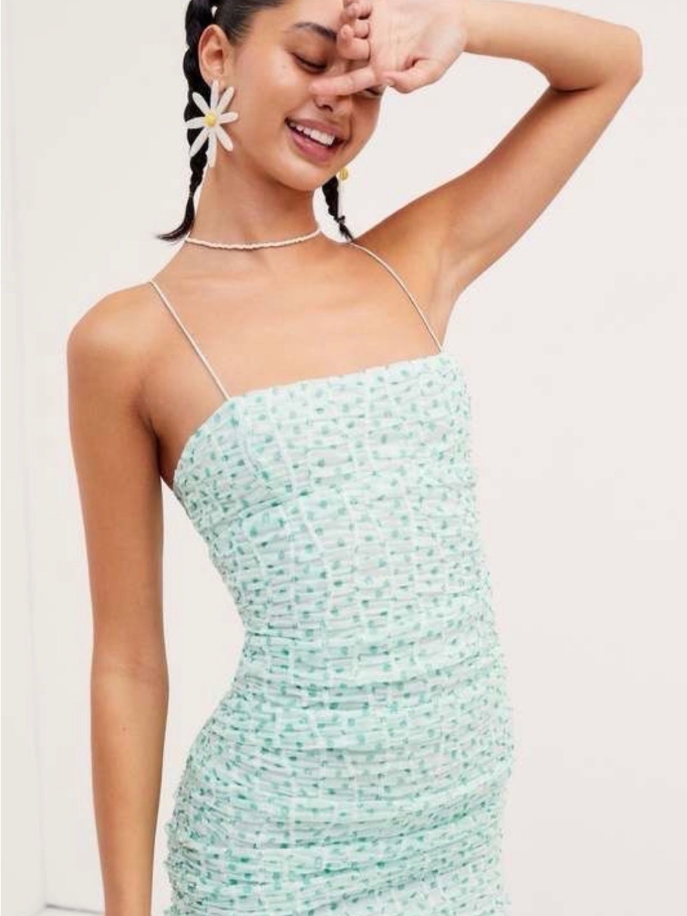 For Love and Lemons Drea Mini Dress Green Spaghetti Strap Ruched Mint‎ NWT